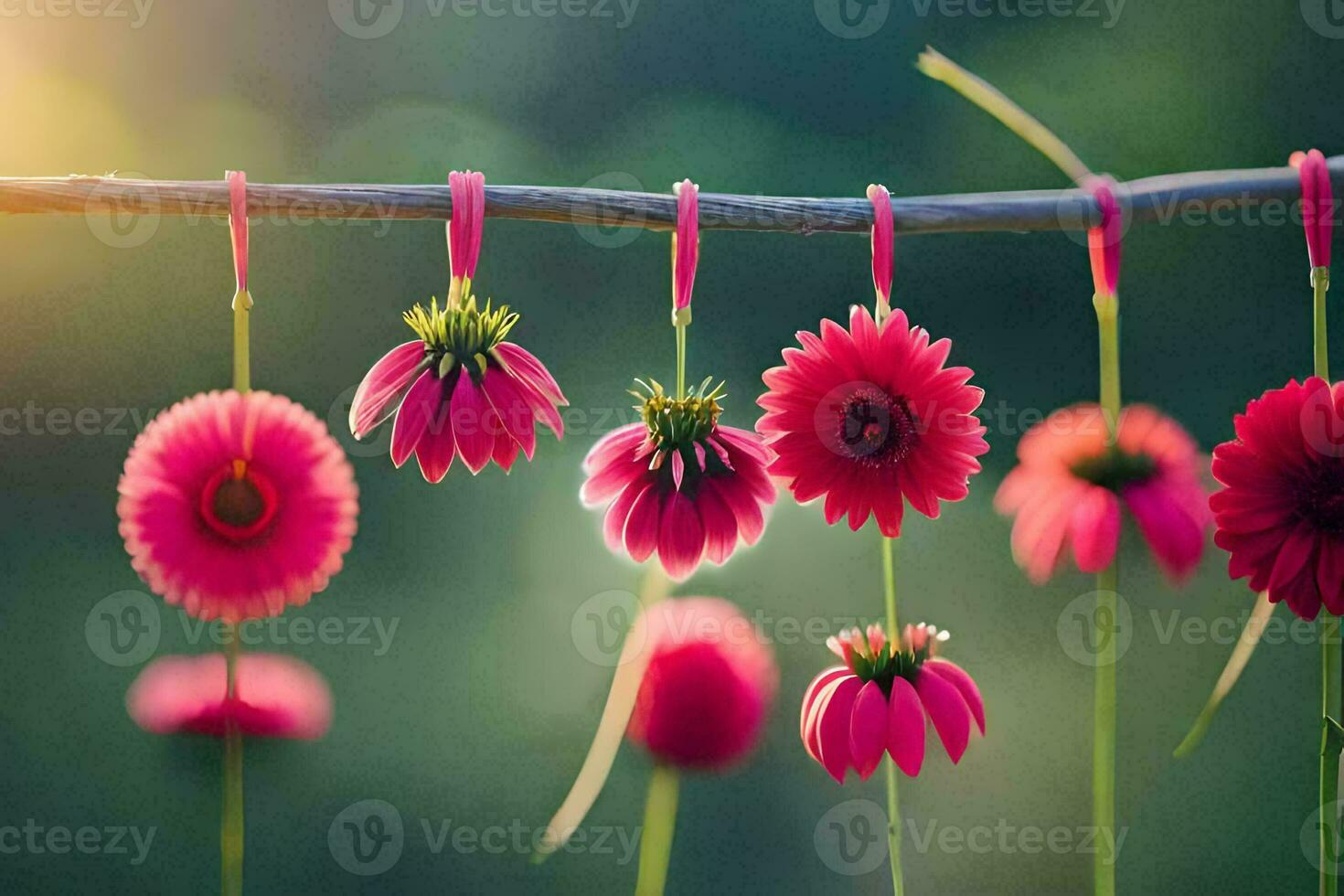 pink flowers hanging from a clothesline. AI-Generated photo