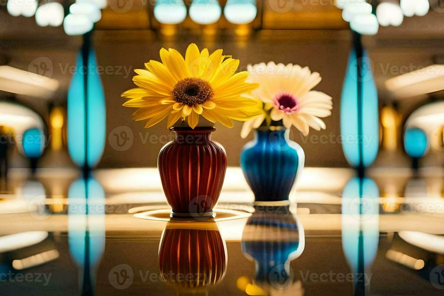 two colorful vases with flowers on a table. AI-Generated photo