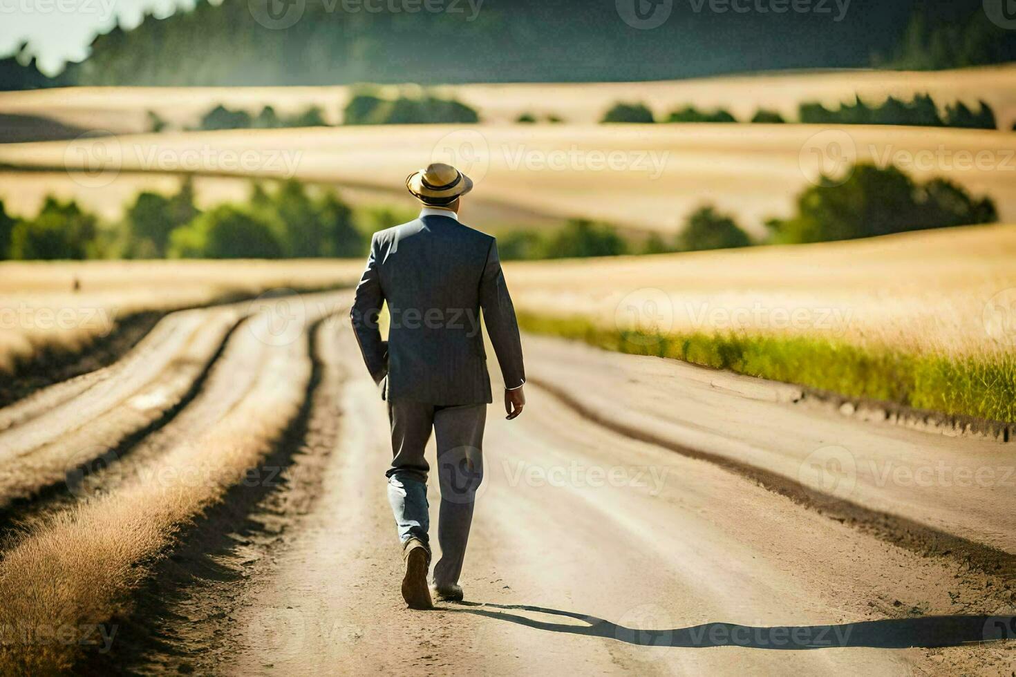a man in a suit and hat walking down a dirt road. AI-Generated photo