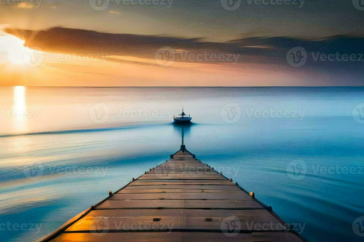 a long exposure photograph of a dock in the ocean. AI-Generated photo