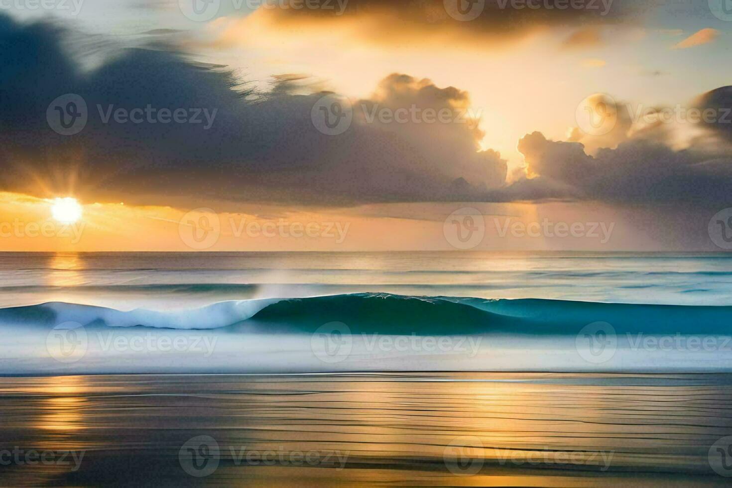 un hermosa puesta de sol terminado el Oceano con ondas. generado por ai foto