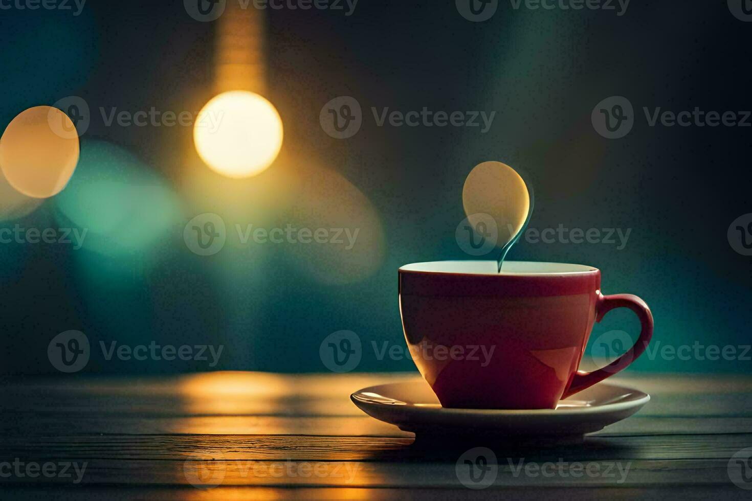 a cup of coffee on a wooden table with blurred bokeh. AI-Generated photo