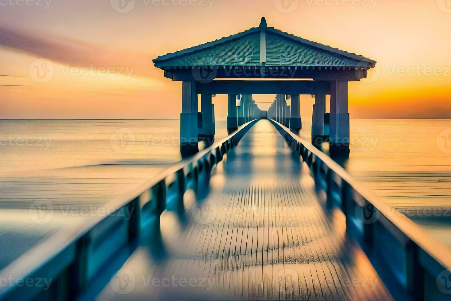 a long exposure photo of a pier at sunset. AI-Generated