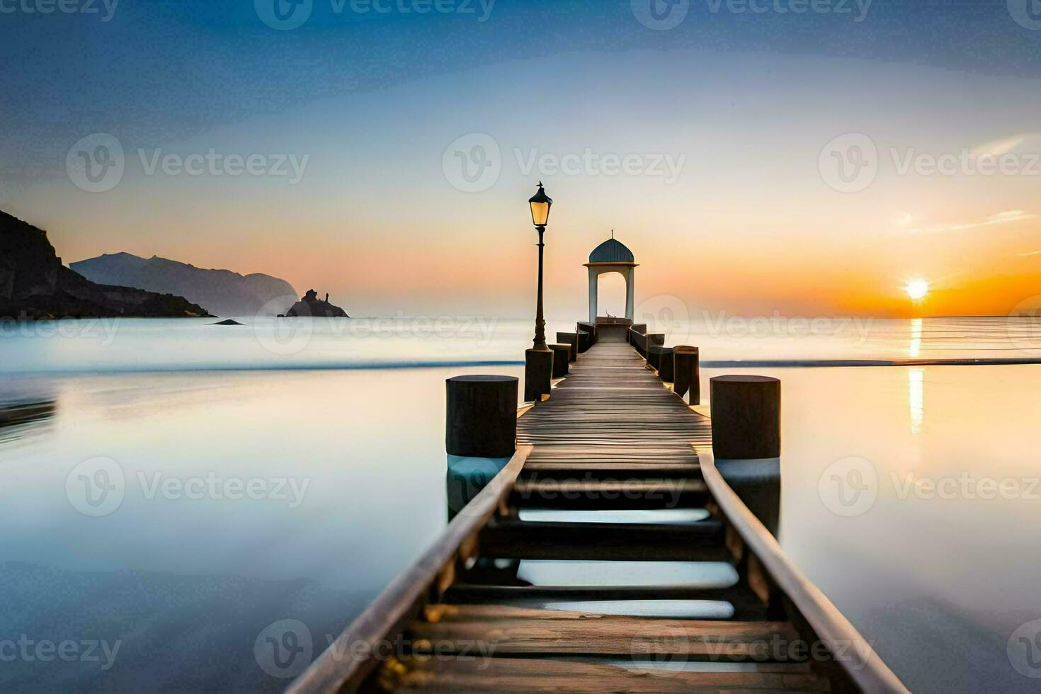 a pier with a lighthouse at sunset. AI-Generated photo