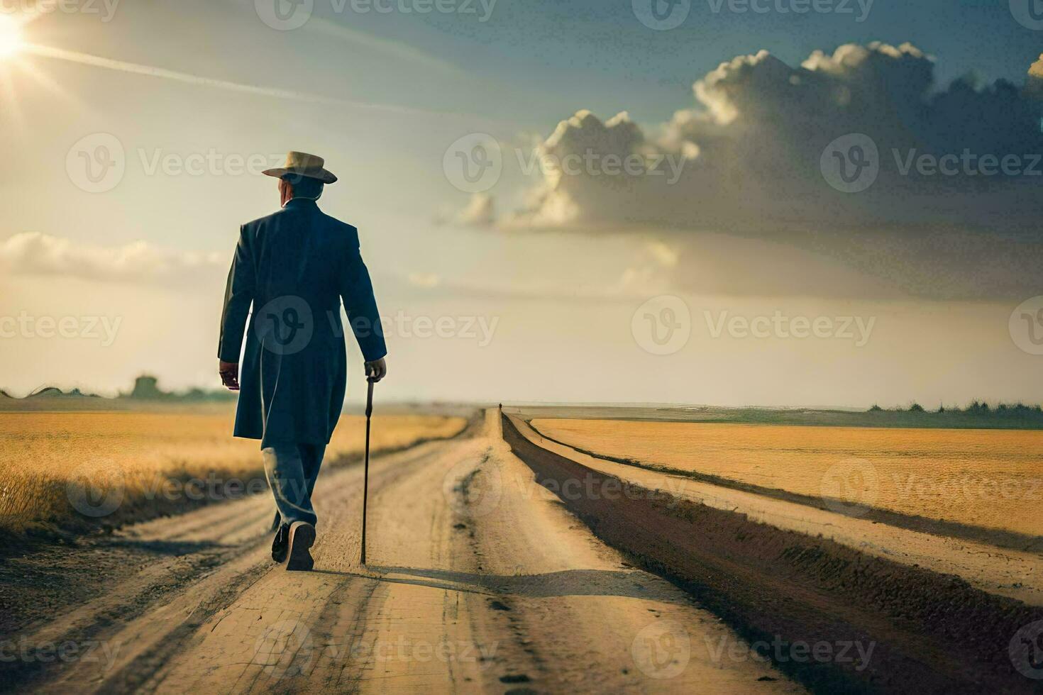 a man in a suit and hat walking down a dirt road. AI-Generated photo
