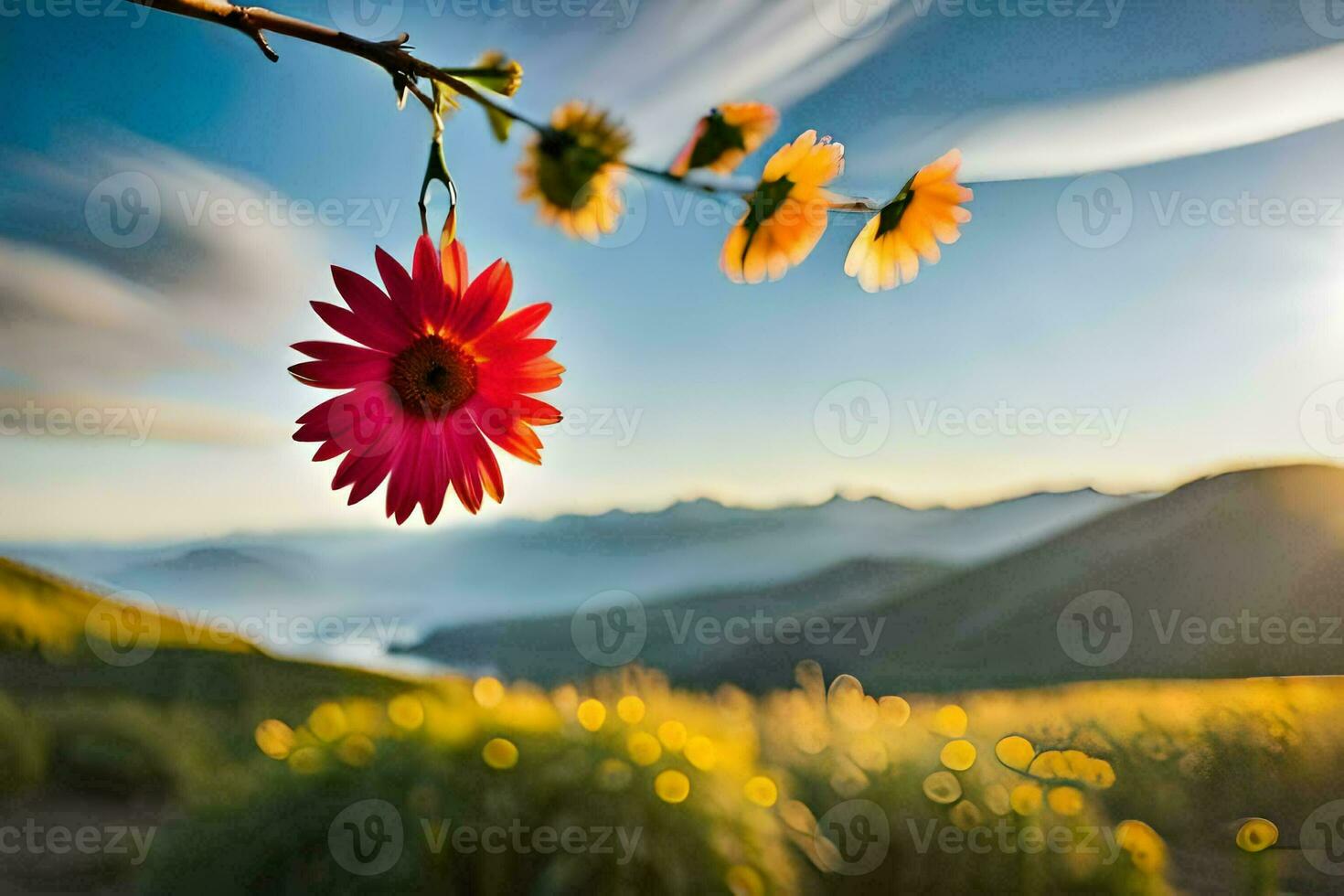 a flower is hanging from a branch in front of a mountain. AI-Generated photo