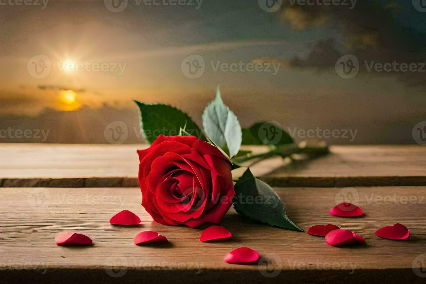 red rose on a wooden table with sun setting behind. AI-Generated photo
