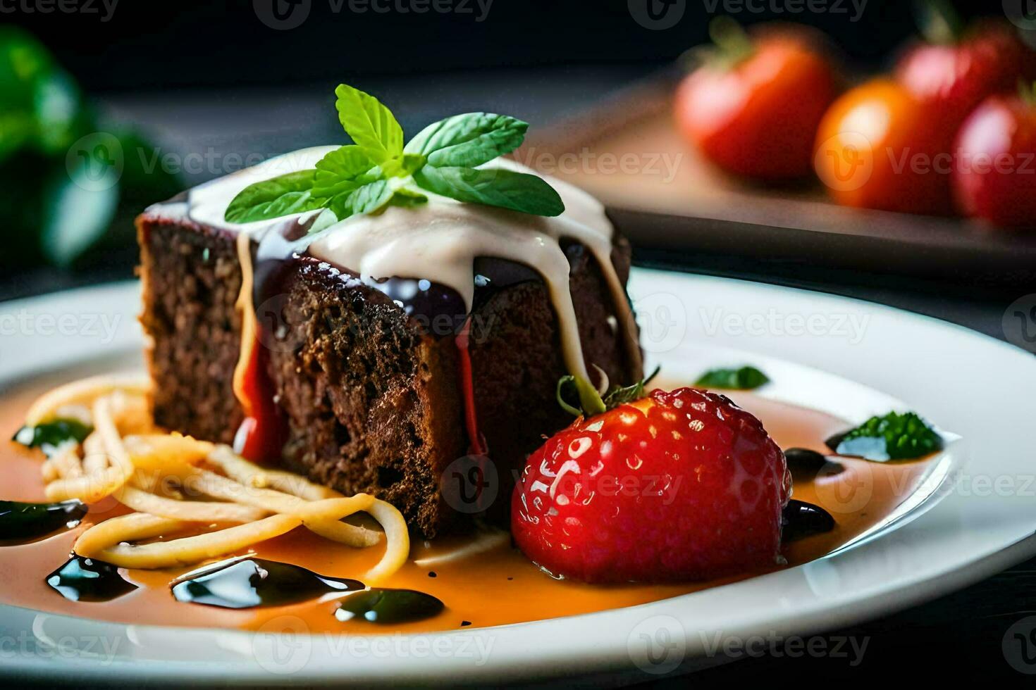 a piece of chocolate cake with sauce and strawberries. AI-Generated photo