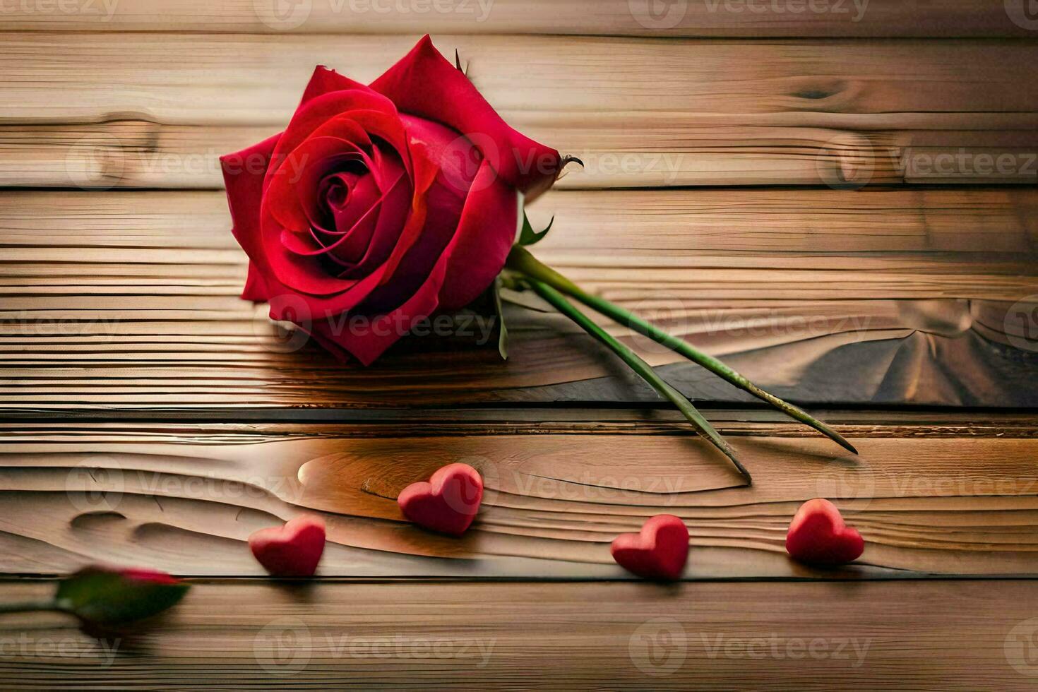 a single red rose on a wooden table with hearts. AI-Generated photo