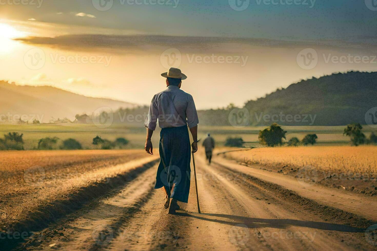 un hombre caminando abajo un suciedad la carretera con un caña. generado por ai foto