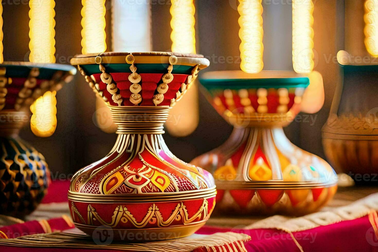 three colorful vases are sitting on a table. AI-Generated photo