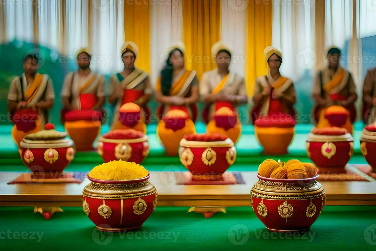 a group of people in traditional clothing sitting around a table with bowls of fruit. AI-Generated photo