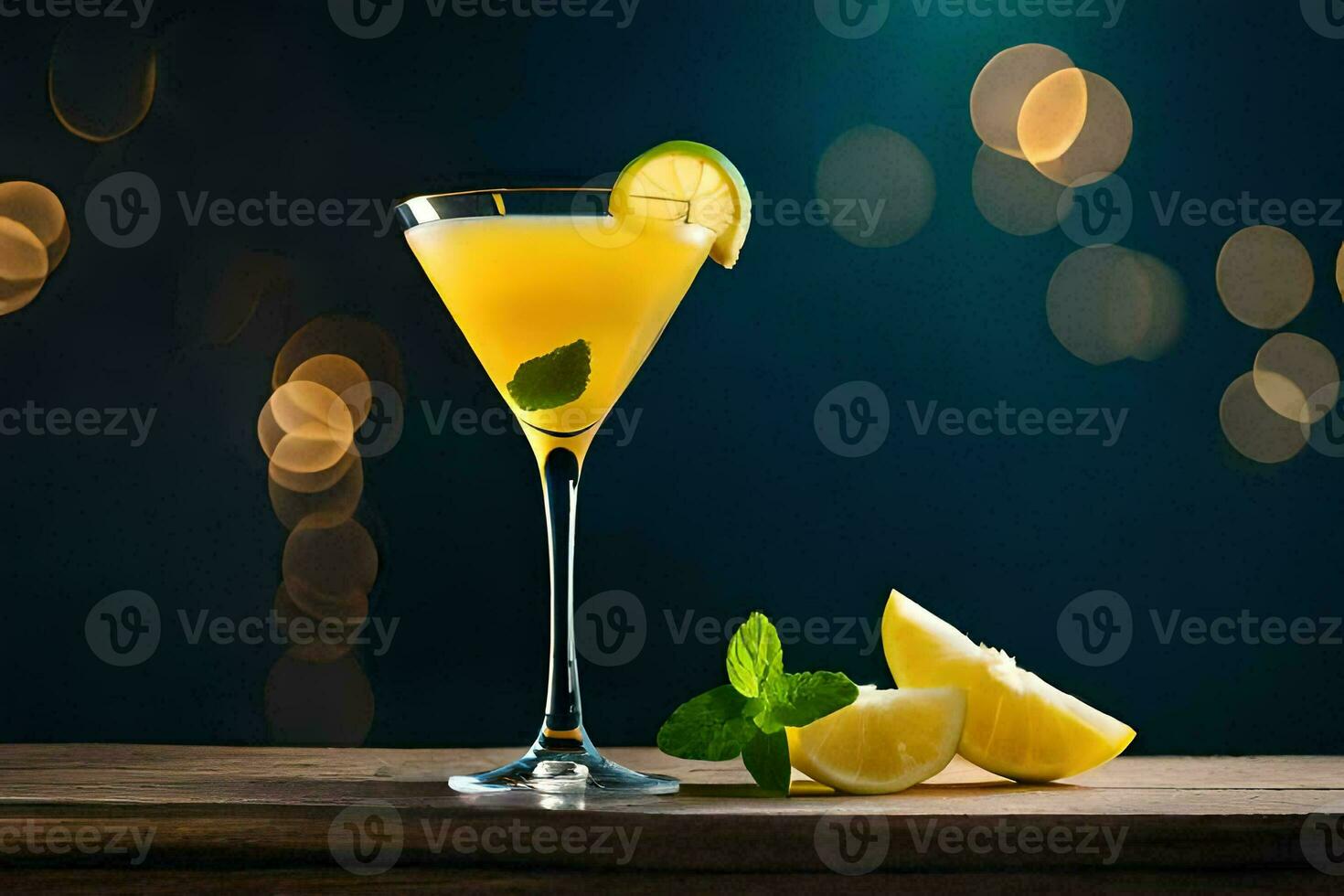 cocktail on a wooden table with bokeh lights. AI-Generated photo