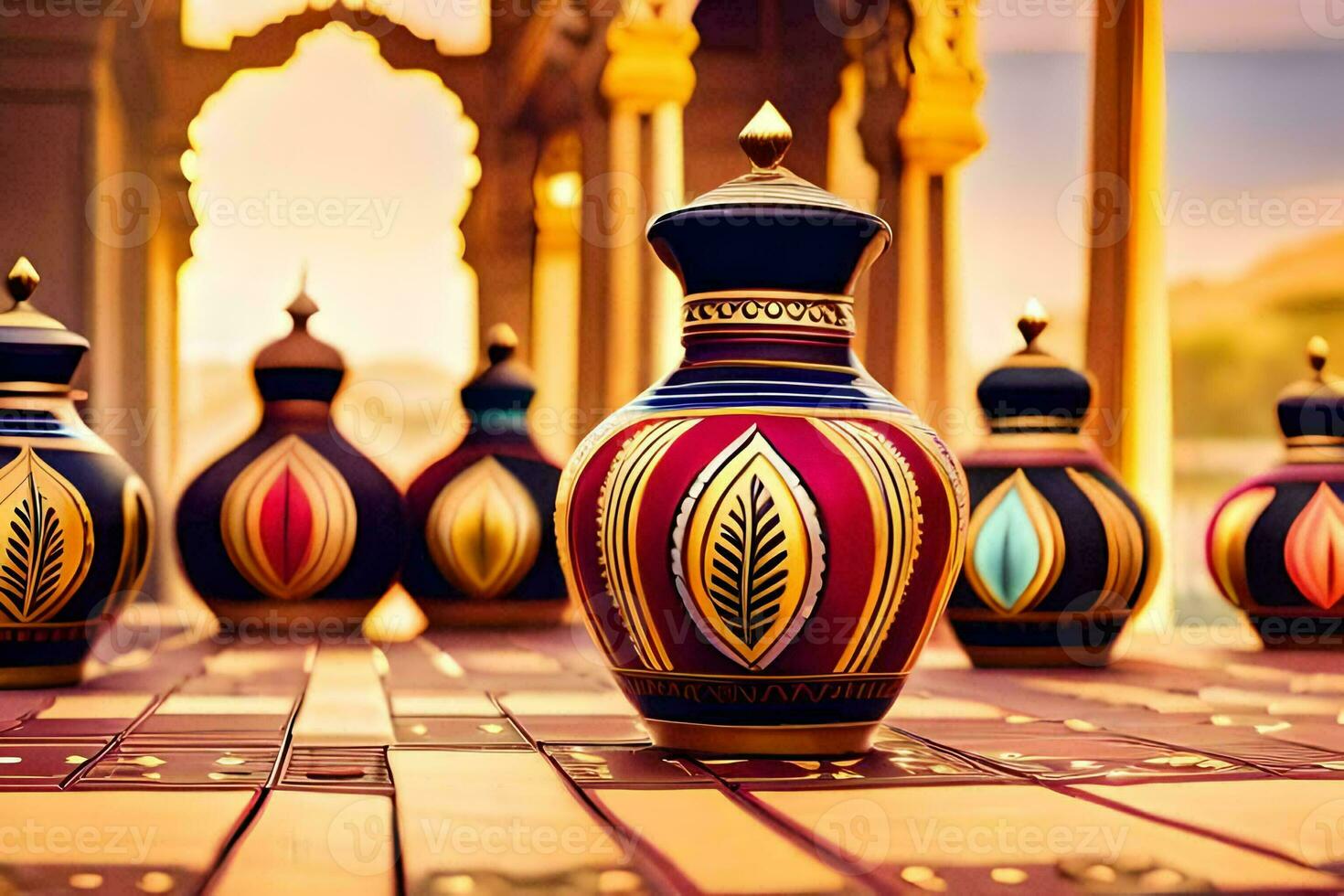 a row of colorful vases on a wooden floor. AI-Generated photo