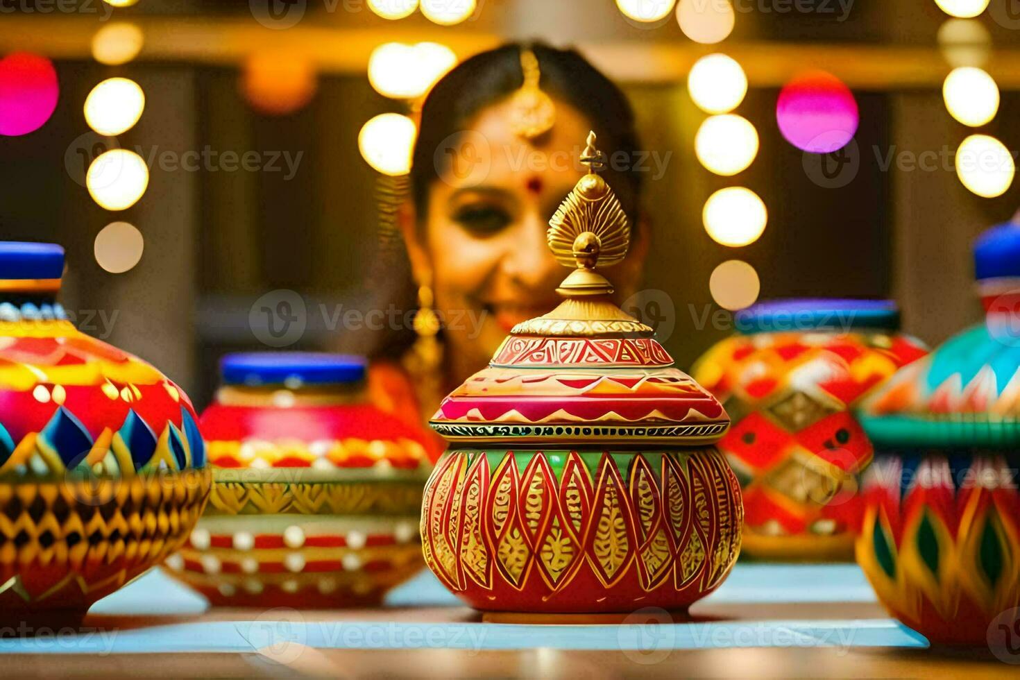 a woman is looking at colorful pots on a table. AI-Generated photo