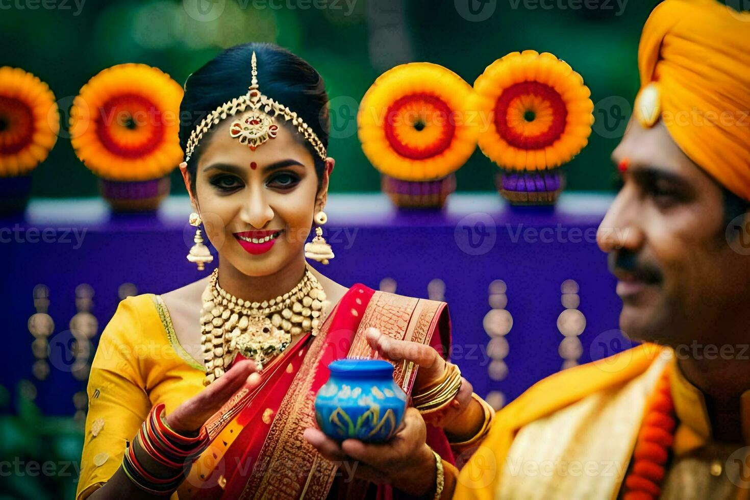 a beautiful indian bride and groom are smiling at each other. AI-Generated photo