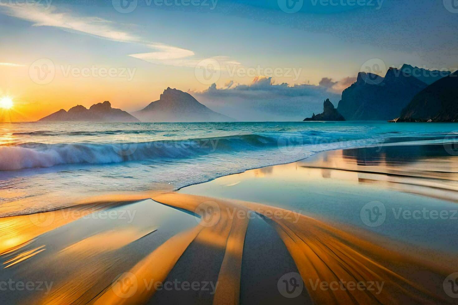 the sun sets over a beach and mountains. AI-Generated photo