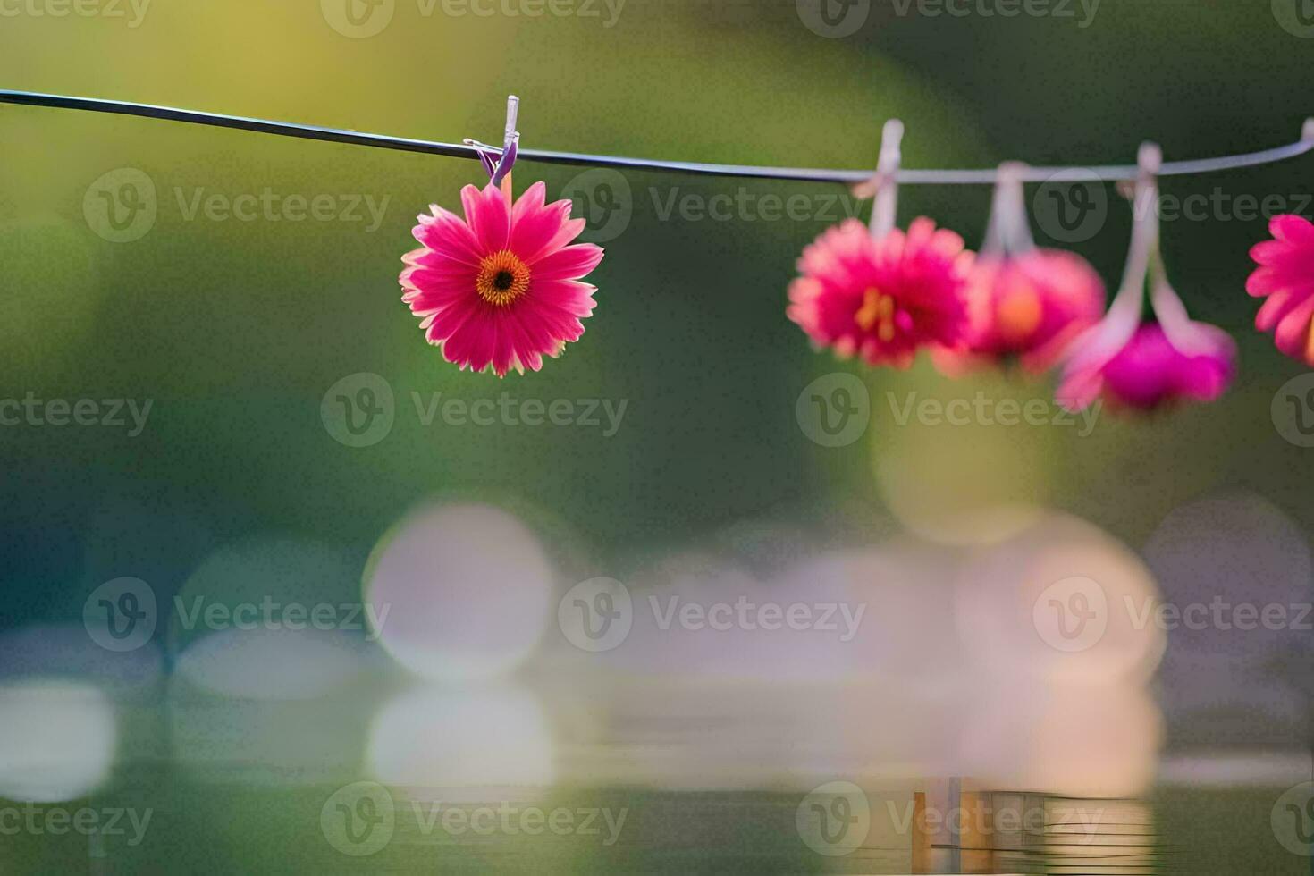 pink flowers hanging from a wire over water. AI-Generated photo