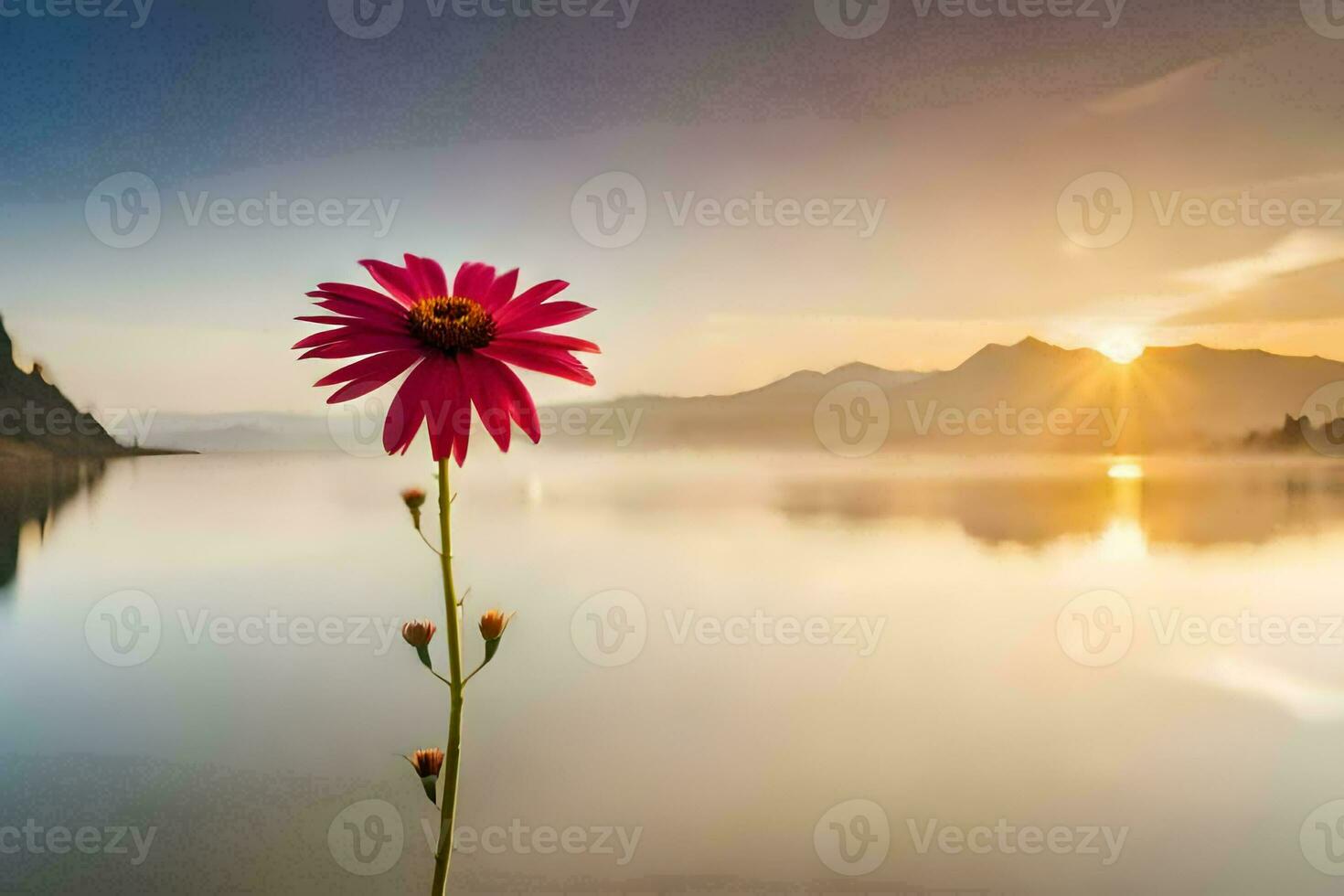 a single flower stands in front of a lake at sunrise. AI-Generated photo