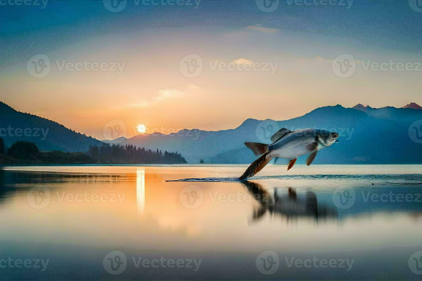 un pescado saltando fuera de el agua a puesta de sol. generado por ai foto