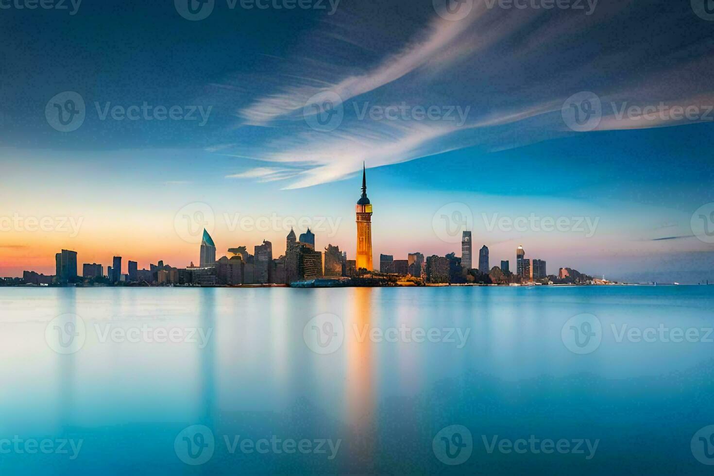 the city skyline at sunset in shanghai, china. AI-Generated photo