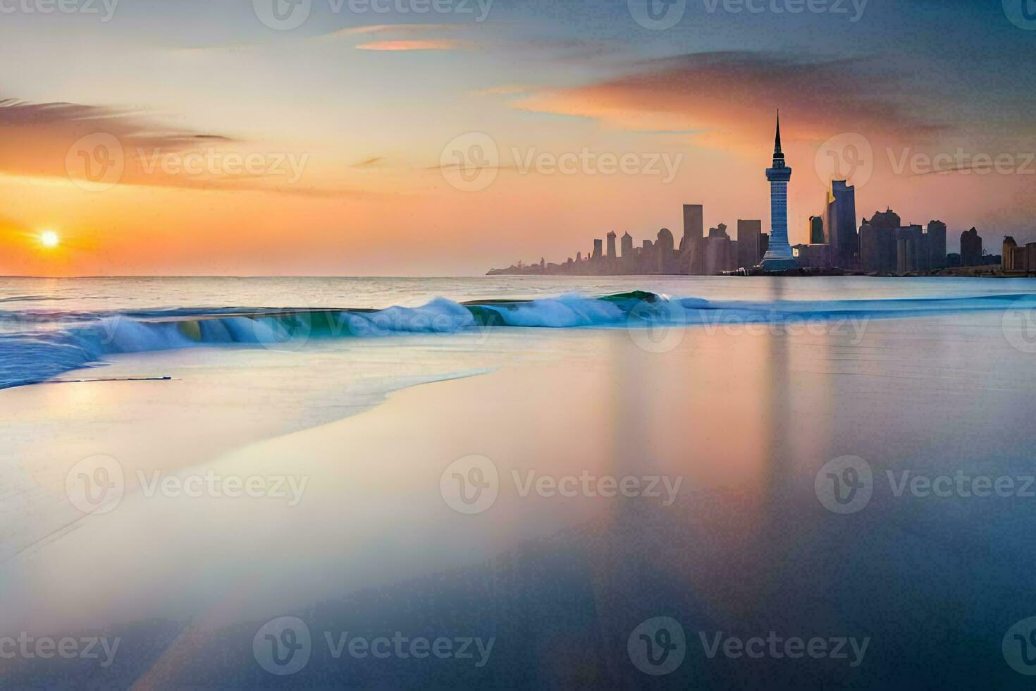 the sun sets over a city skyline and waves on the beach. AI-Generated photo