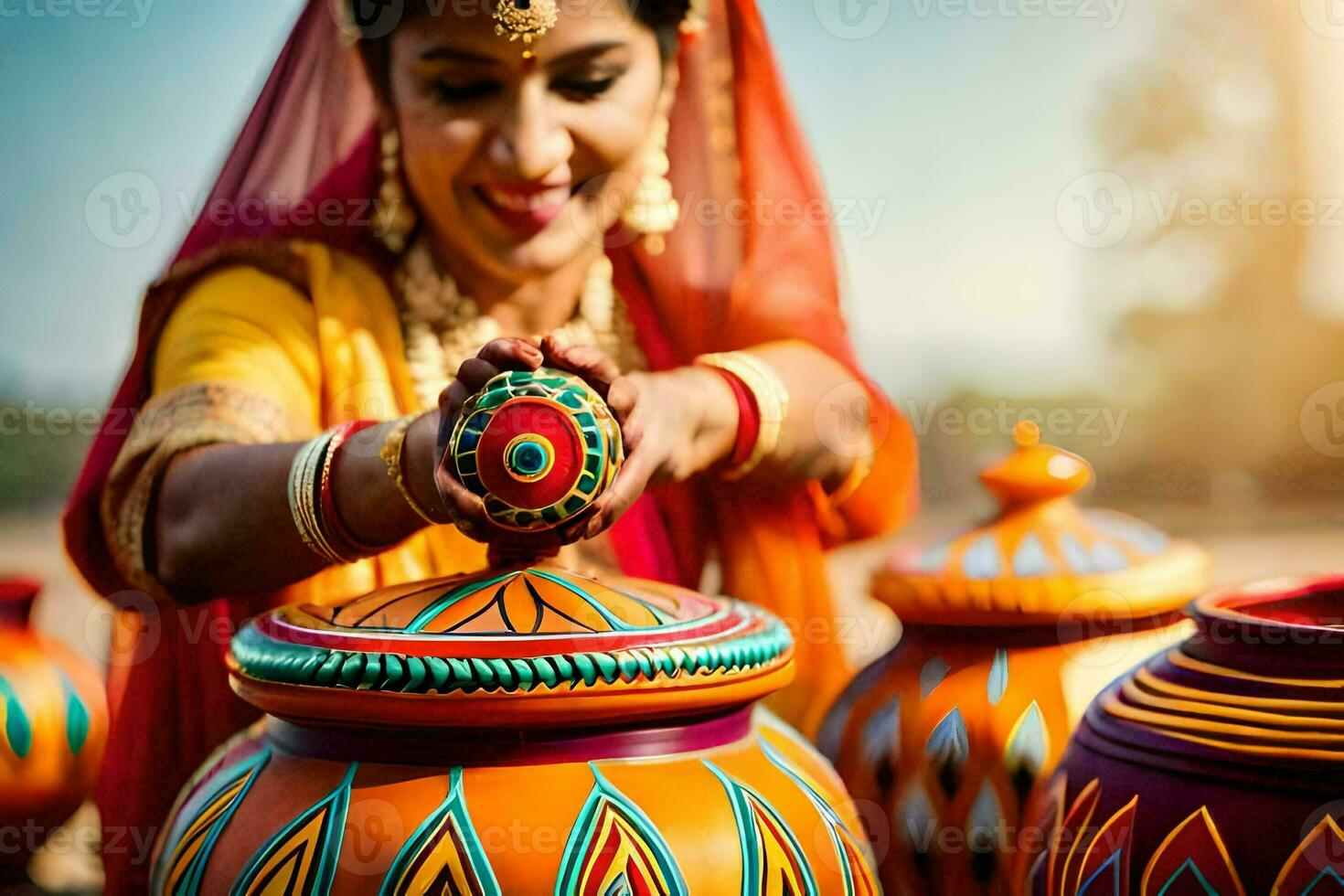 a woman in traditional indian clothing is holding a pot. AI-Generated photo