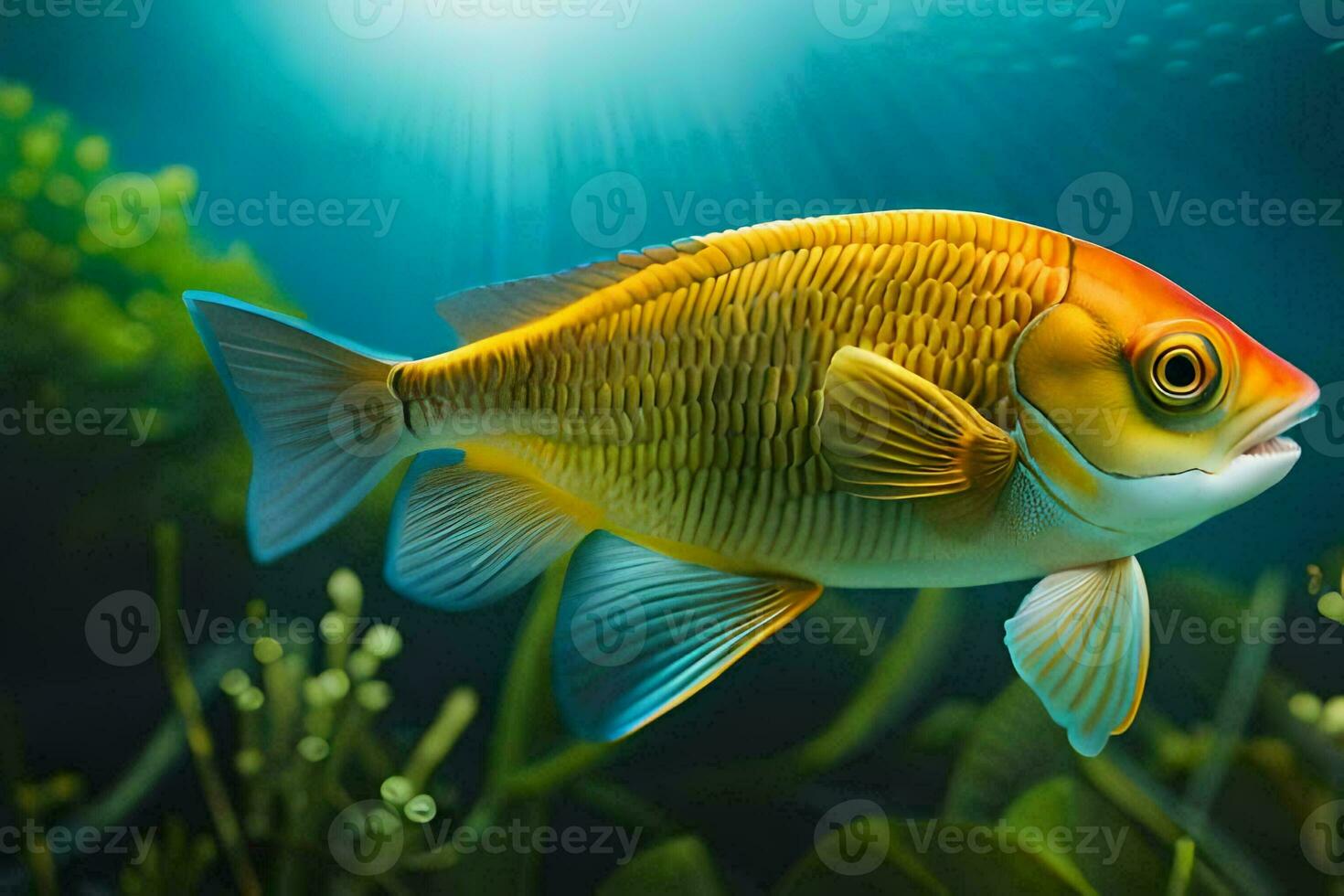 fish in the ocean with sunlight shining on it. AI-Generated photo