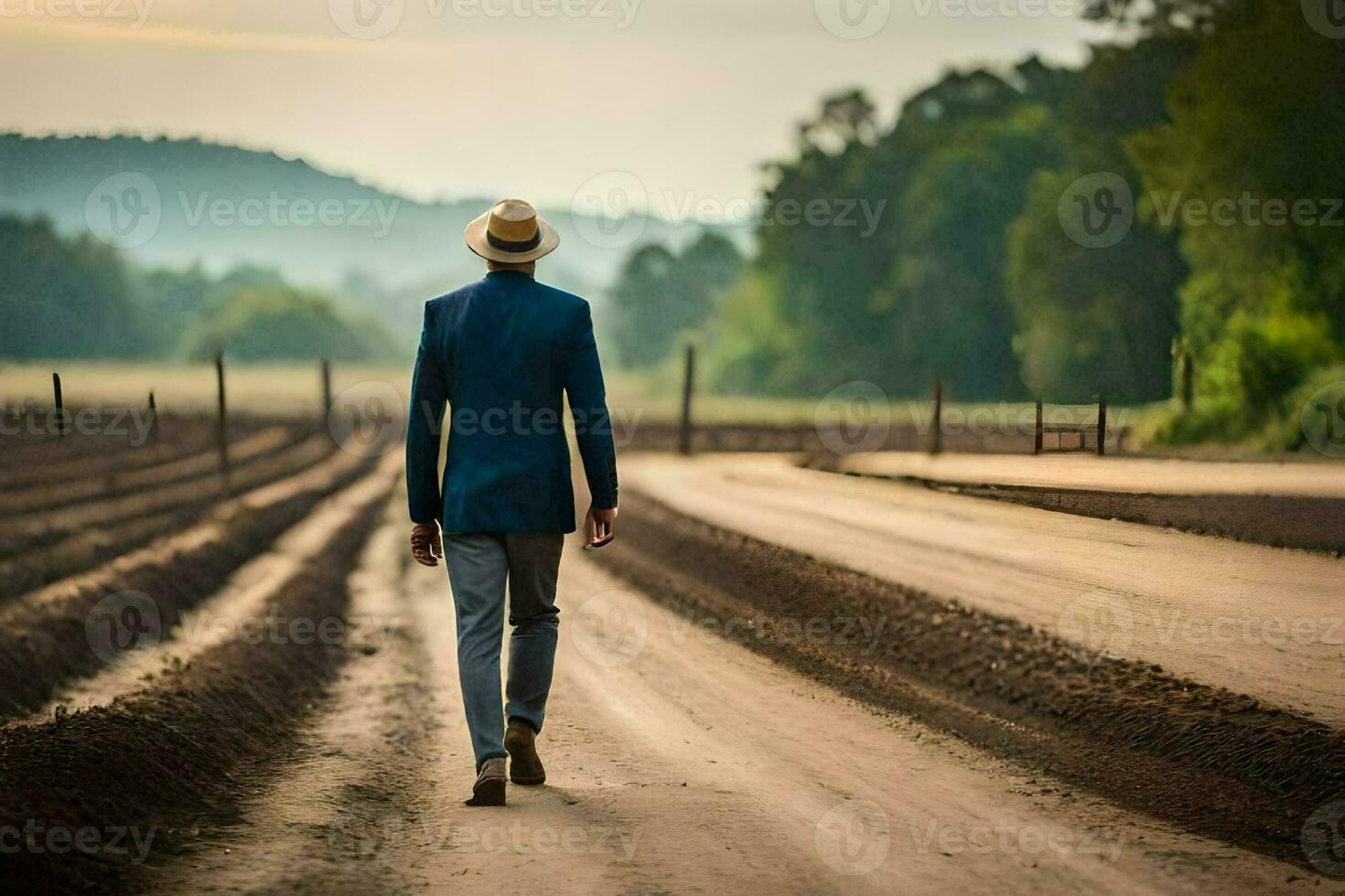 un hombre en un traje y sombrero camina abajo un suciedad la carretera. generado por ai foto