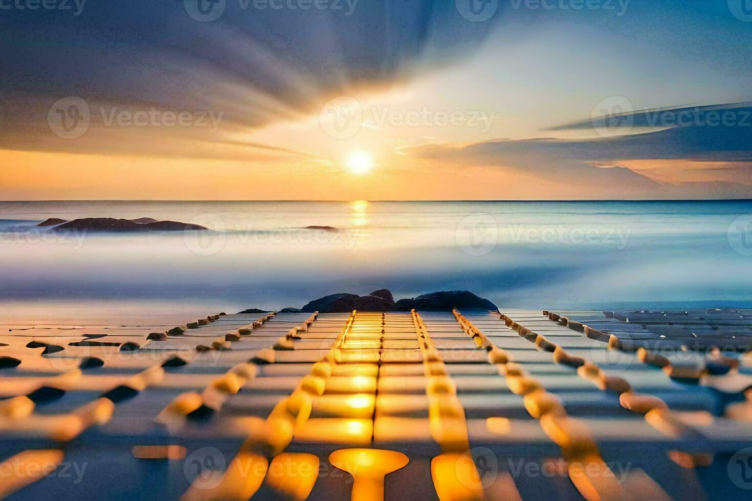 a sunset over the ocean with a wooden floor. AI-Generated photo