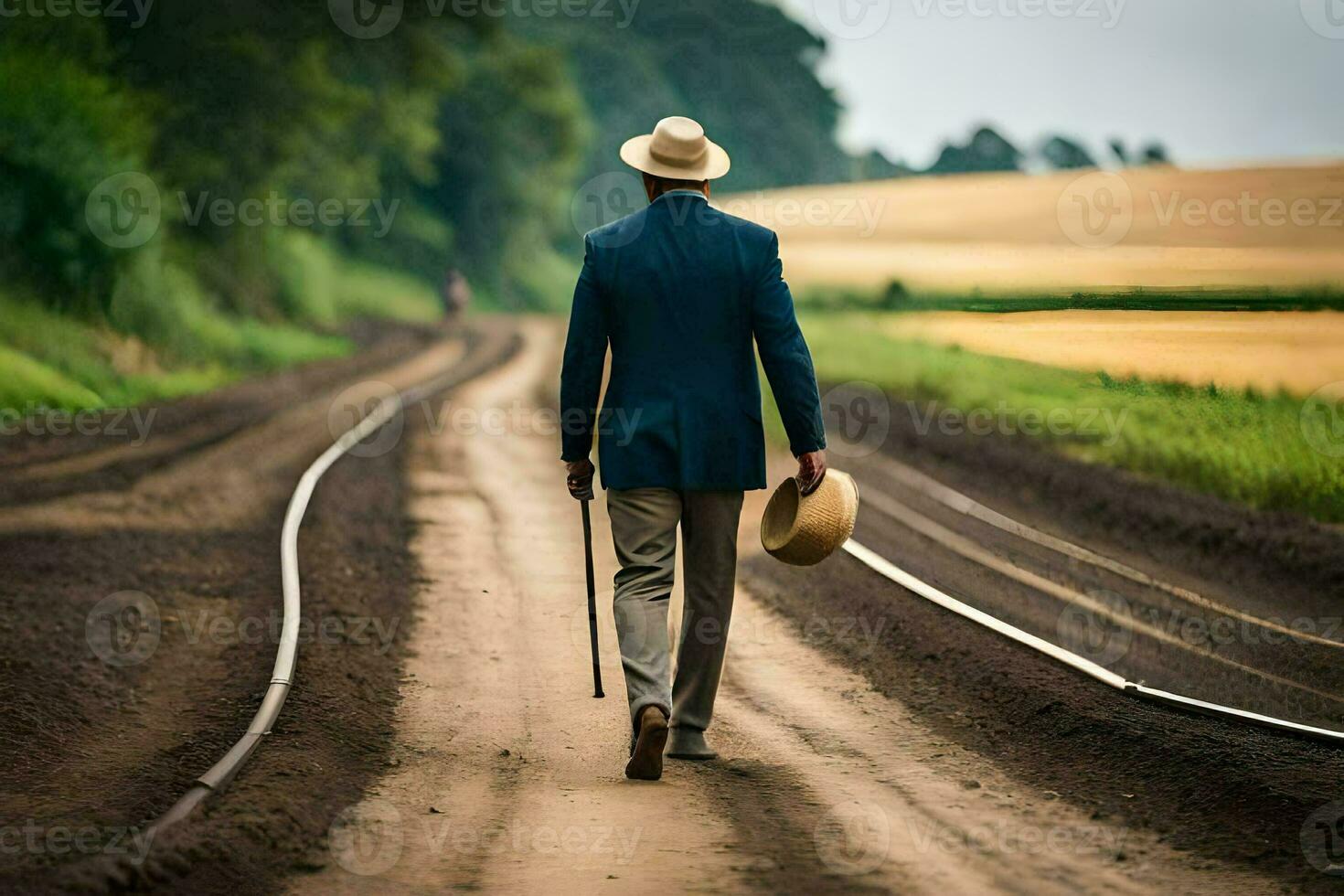 a man in a suit and hat walking down a road. AI-Generated photo