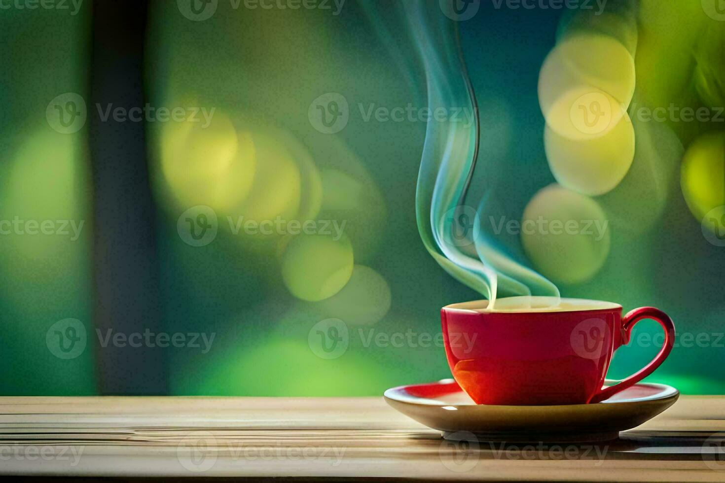 coffee cup with steam on wooden table. AI-Generated photo