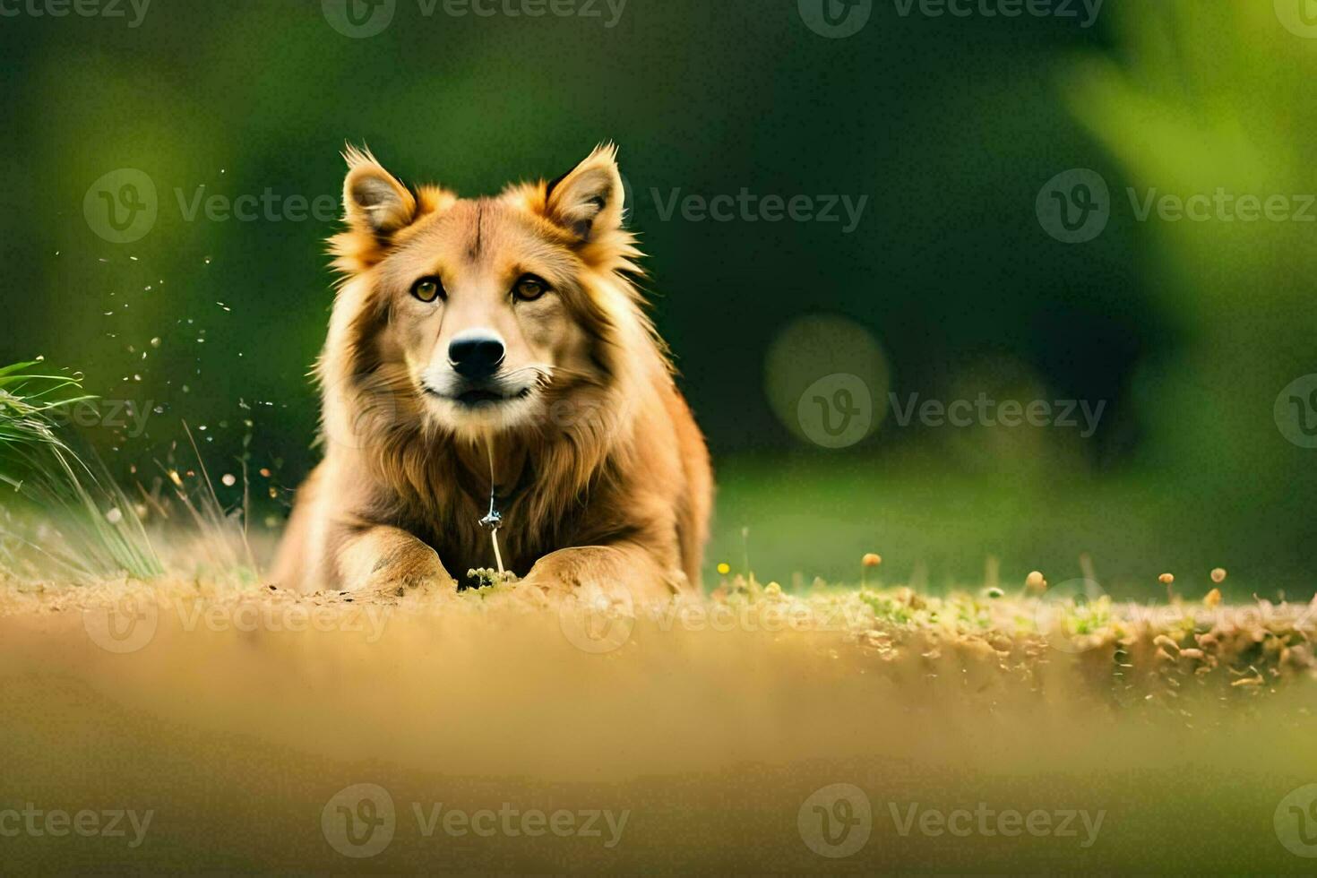 a brown dog laying in the grass. AI-Generated photo