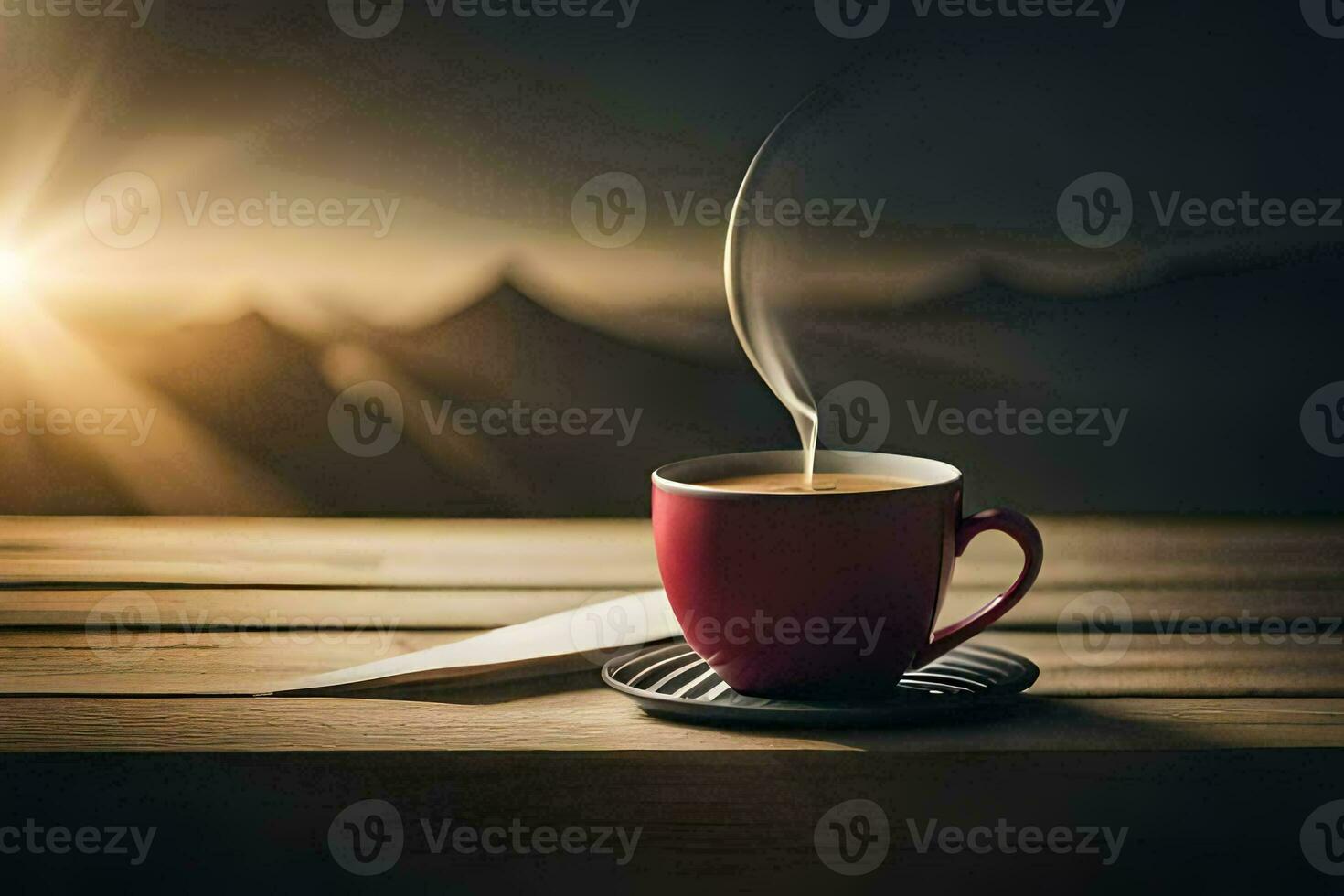 a cup of coffee on a wooden table with a mountain in the background. AI-Generated photo