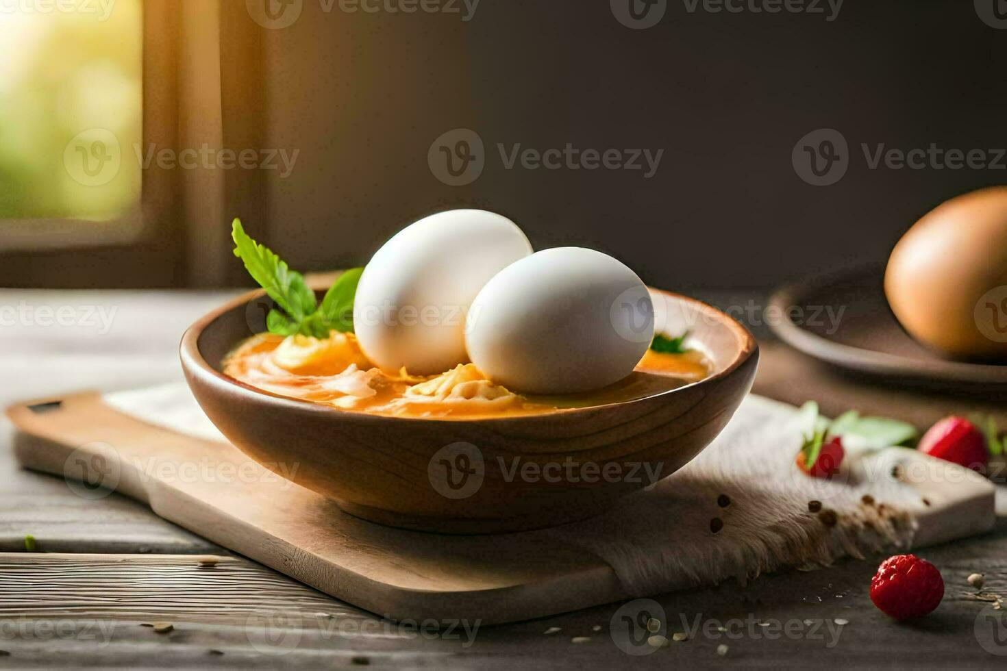 eggs in a bowl with a spoon. AI-Generated photo