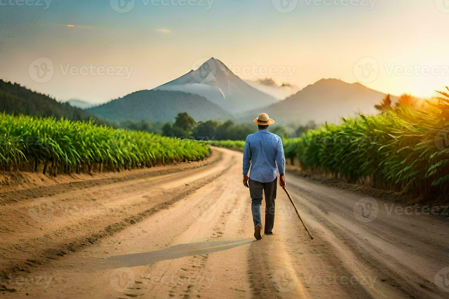 un hombre caminando abajo un suciedad la carretera con un caña. generado por ai foto