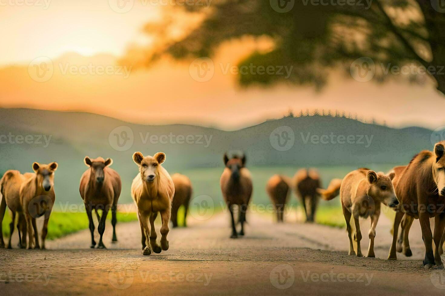 a herd of horses walking down a road. AI-Generated photo