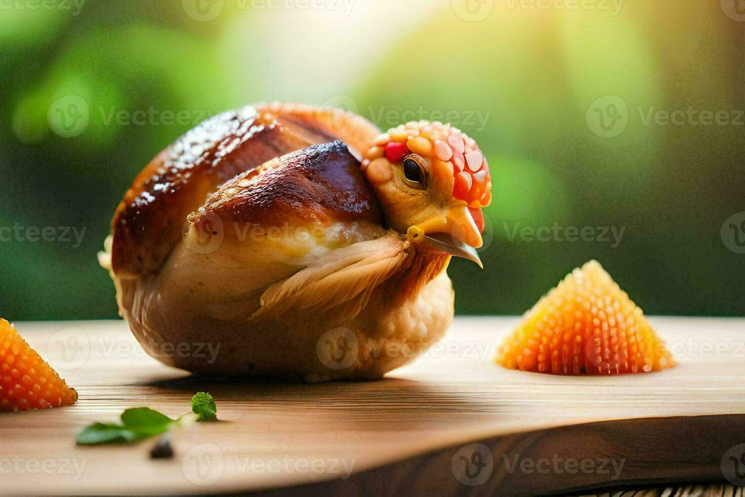 a chicken is sitting on top of a wooden cutting board. AI-Generated photo