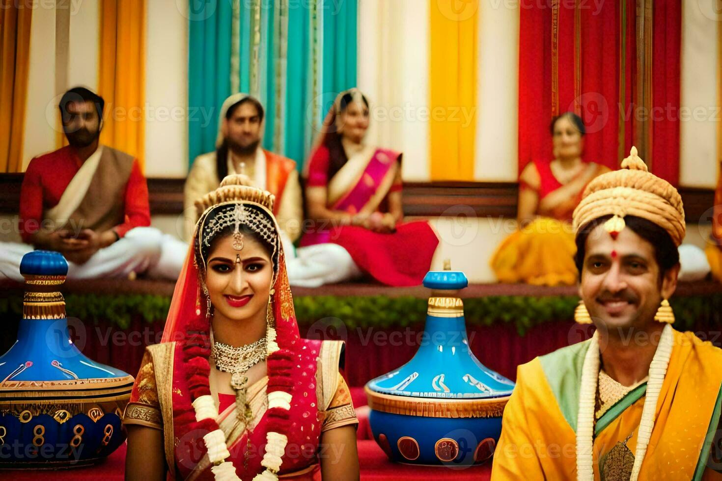 a bride and groom in traditional indian attire. AI-Generated photo