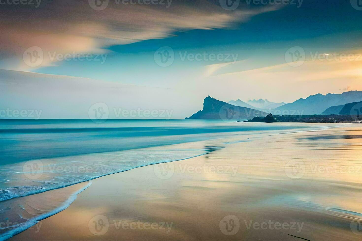 the sun sets over the ocean and mountains. AI-Generated photo