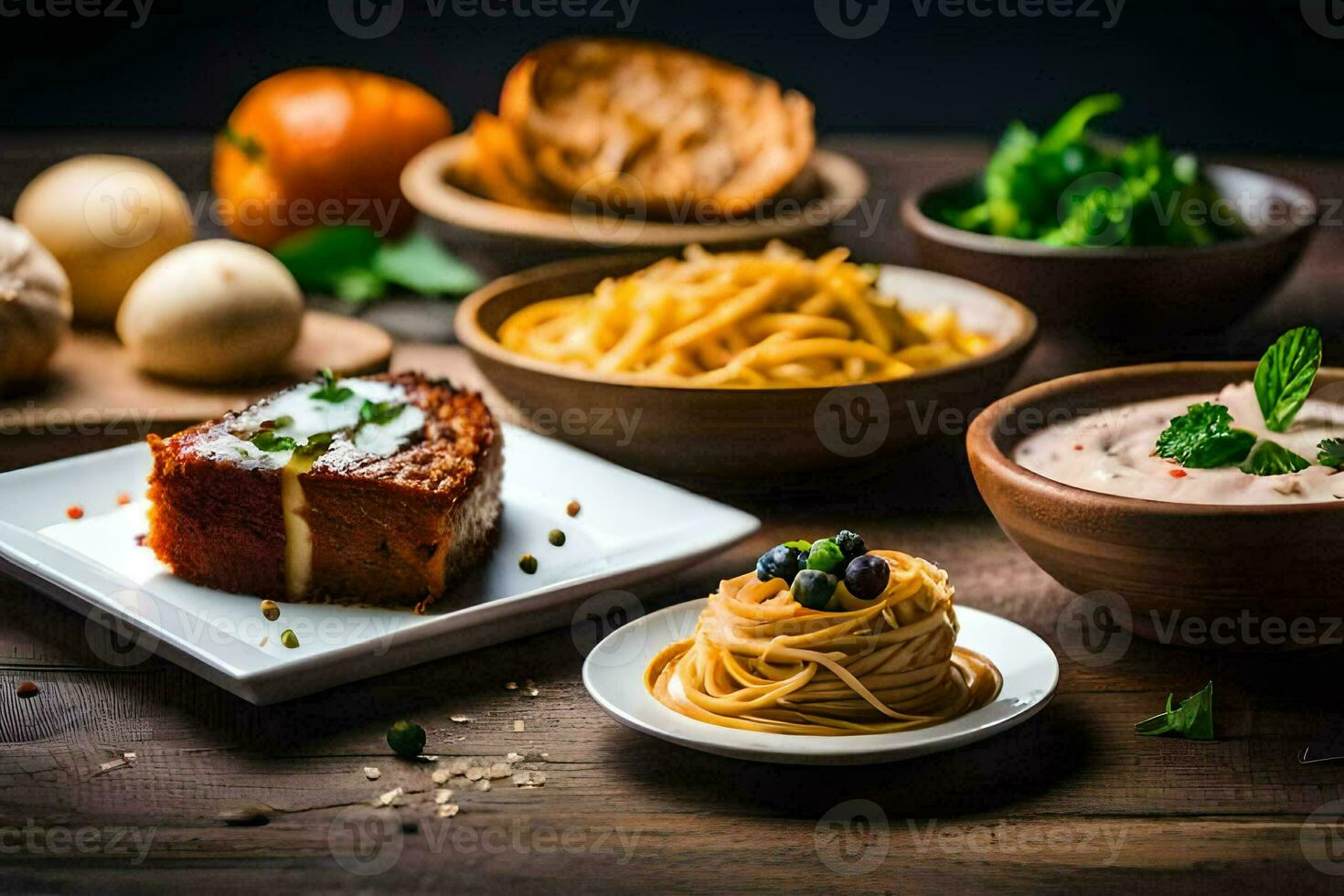 a table with various foods including pasta, bread and mushrooms. AI-Generated photo