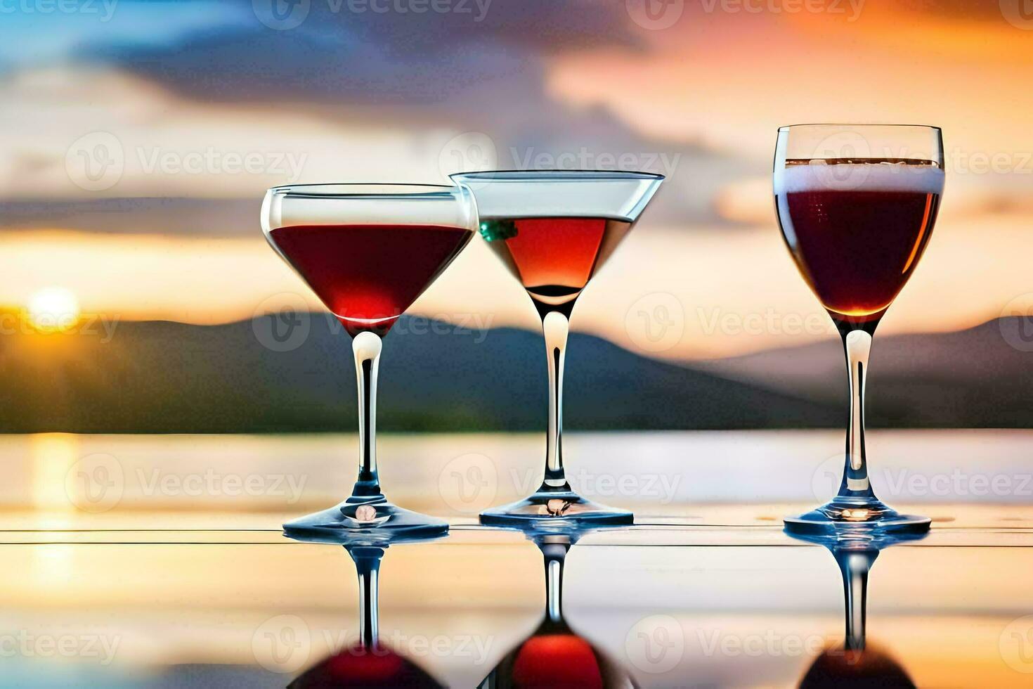 three glasses of wine on a table with a sunset in the background. AI-Generated photo