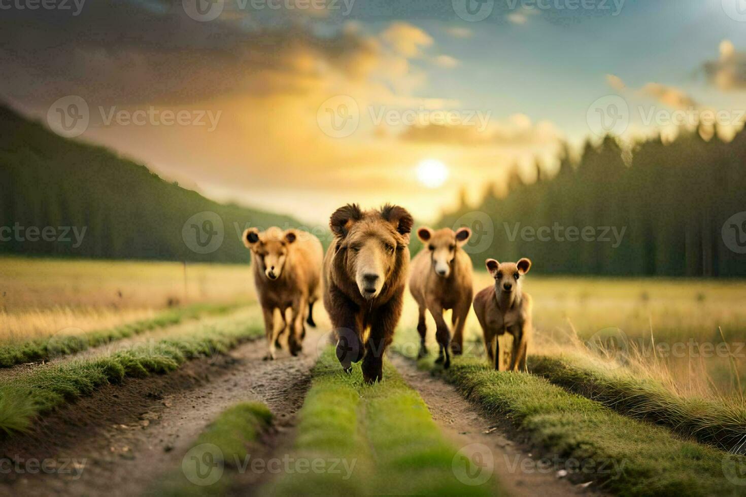 a group of brown bears walking on a dirt road. AI-Generated photo