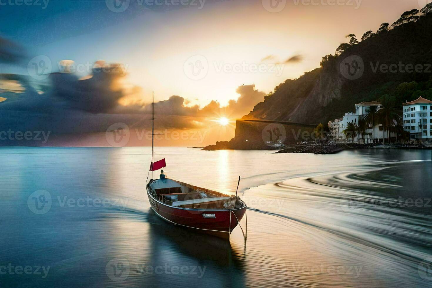 un barco en el agua a puesta de sol. generado por ai foto