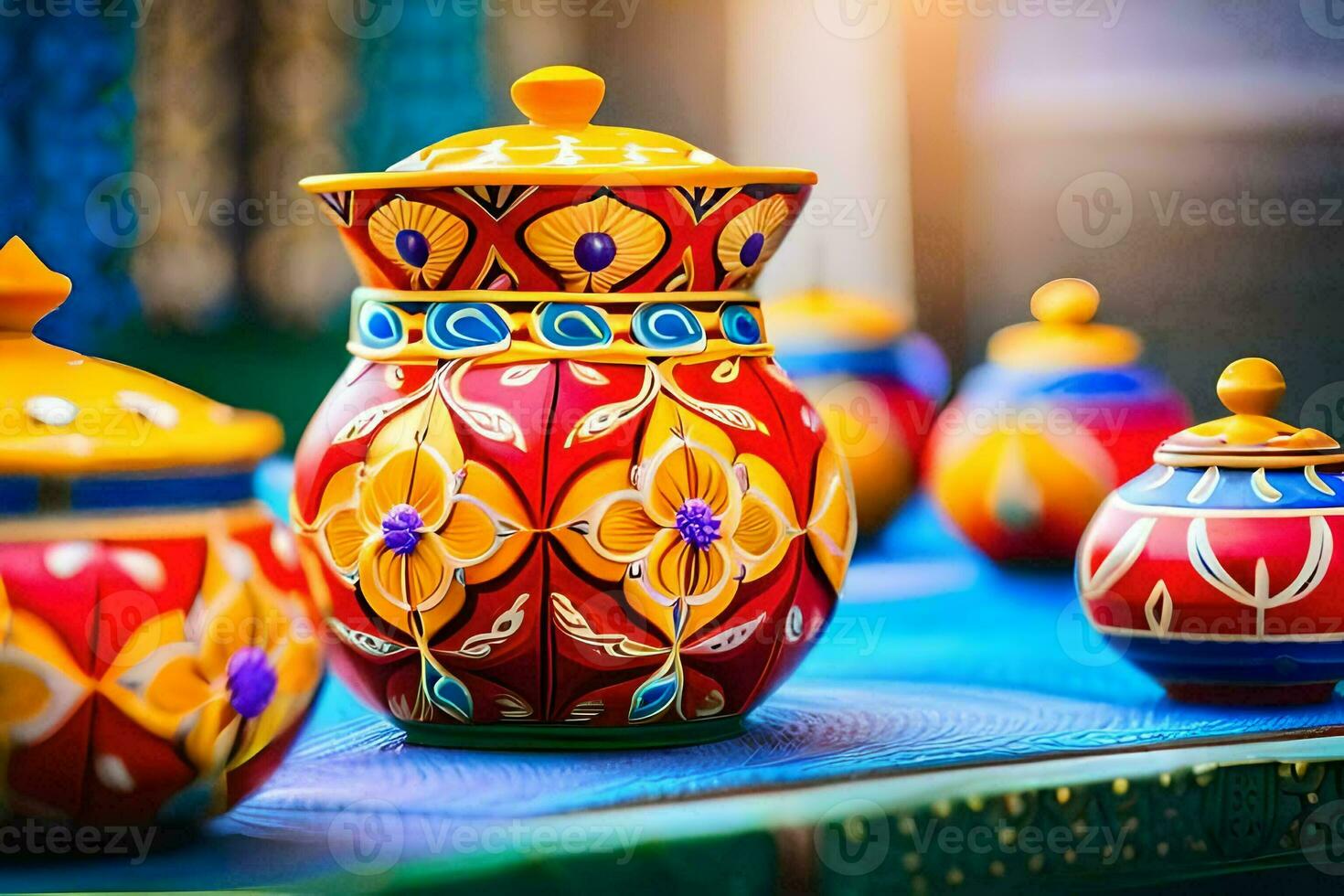 colorful vases and pots on a table. AI-Generated photo