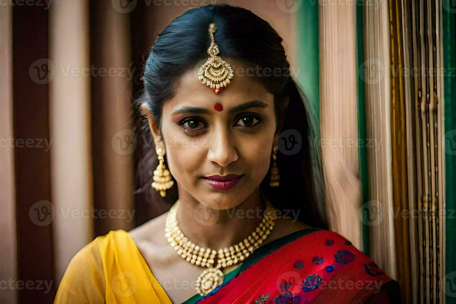 a woman in a sari with gold jewelry. AI-Generated photo