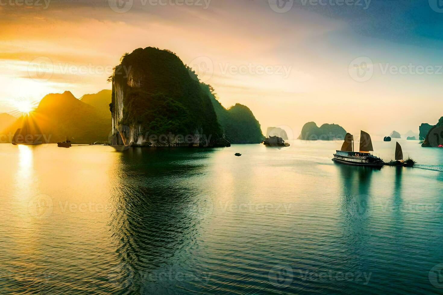 boats in the water at sunset with mountains in the background. AI-Generated photo