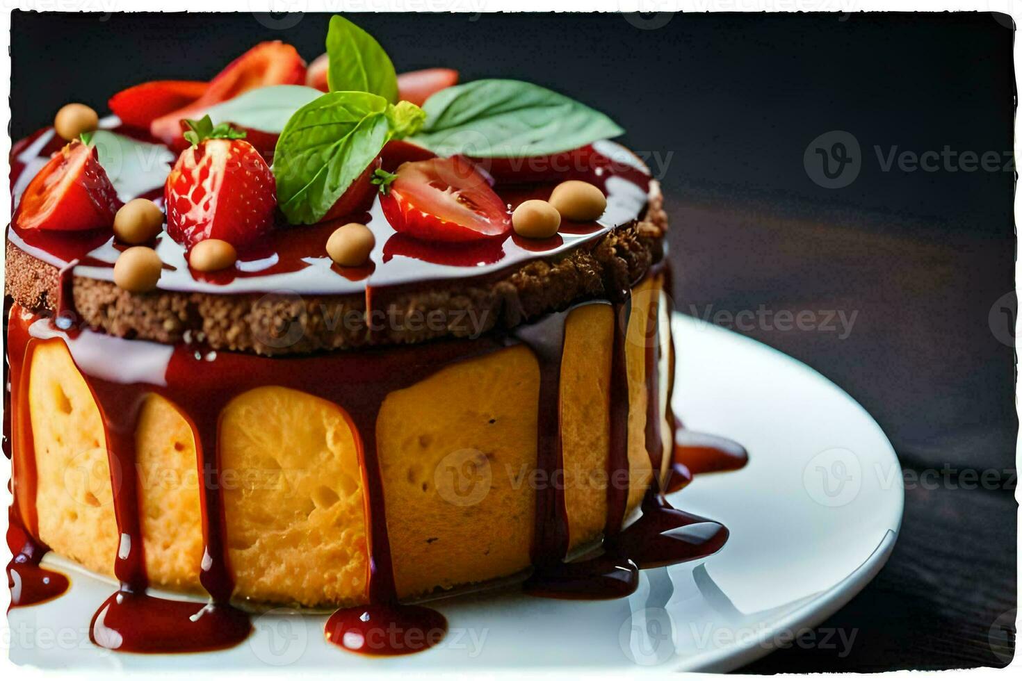 a cake with chocolate sauce and strawberries on top. AI-Generated photo