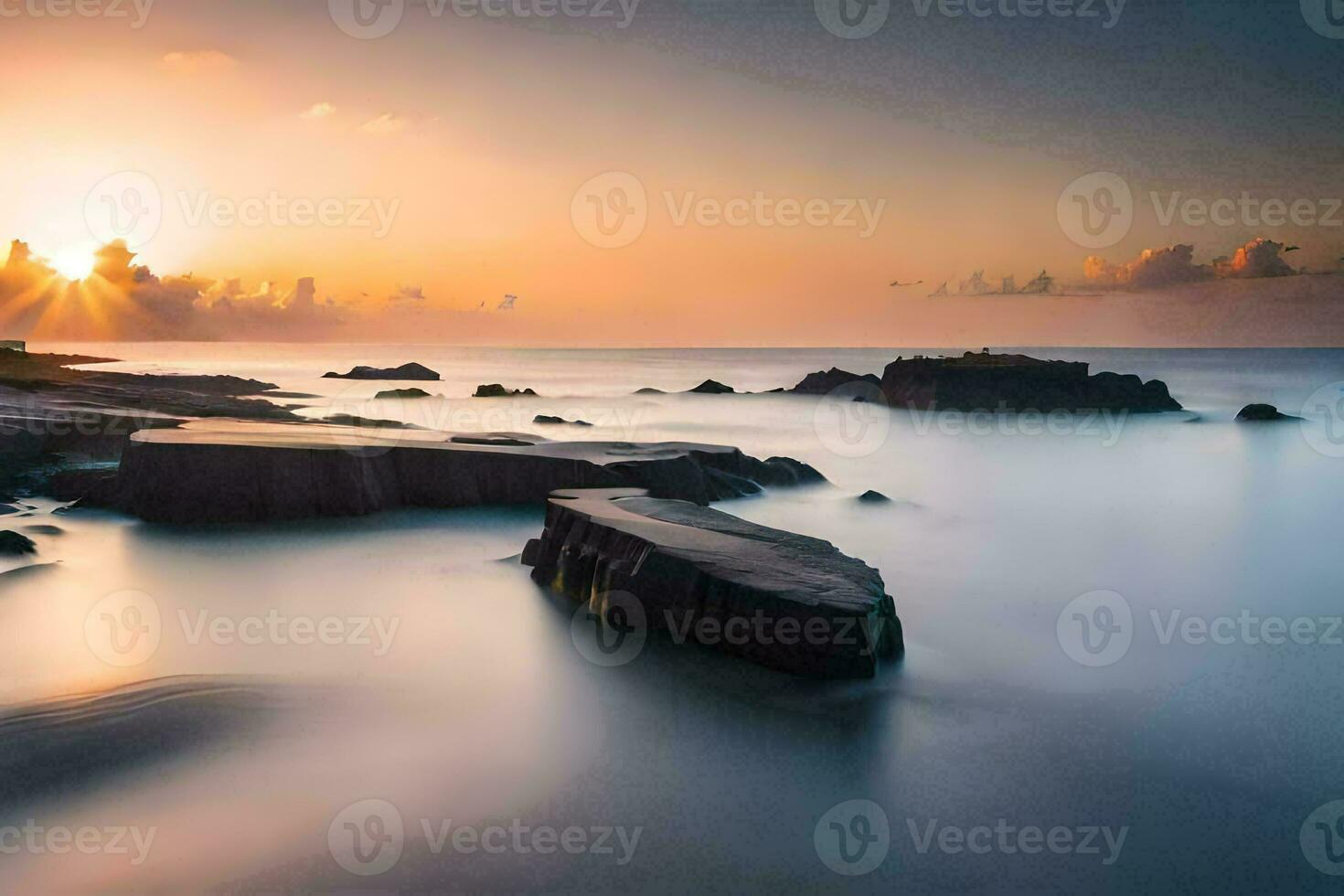 the sun sets over the ocean in this long exposure photograph. AI-Generated photo
