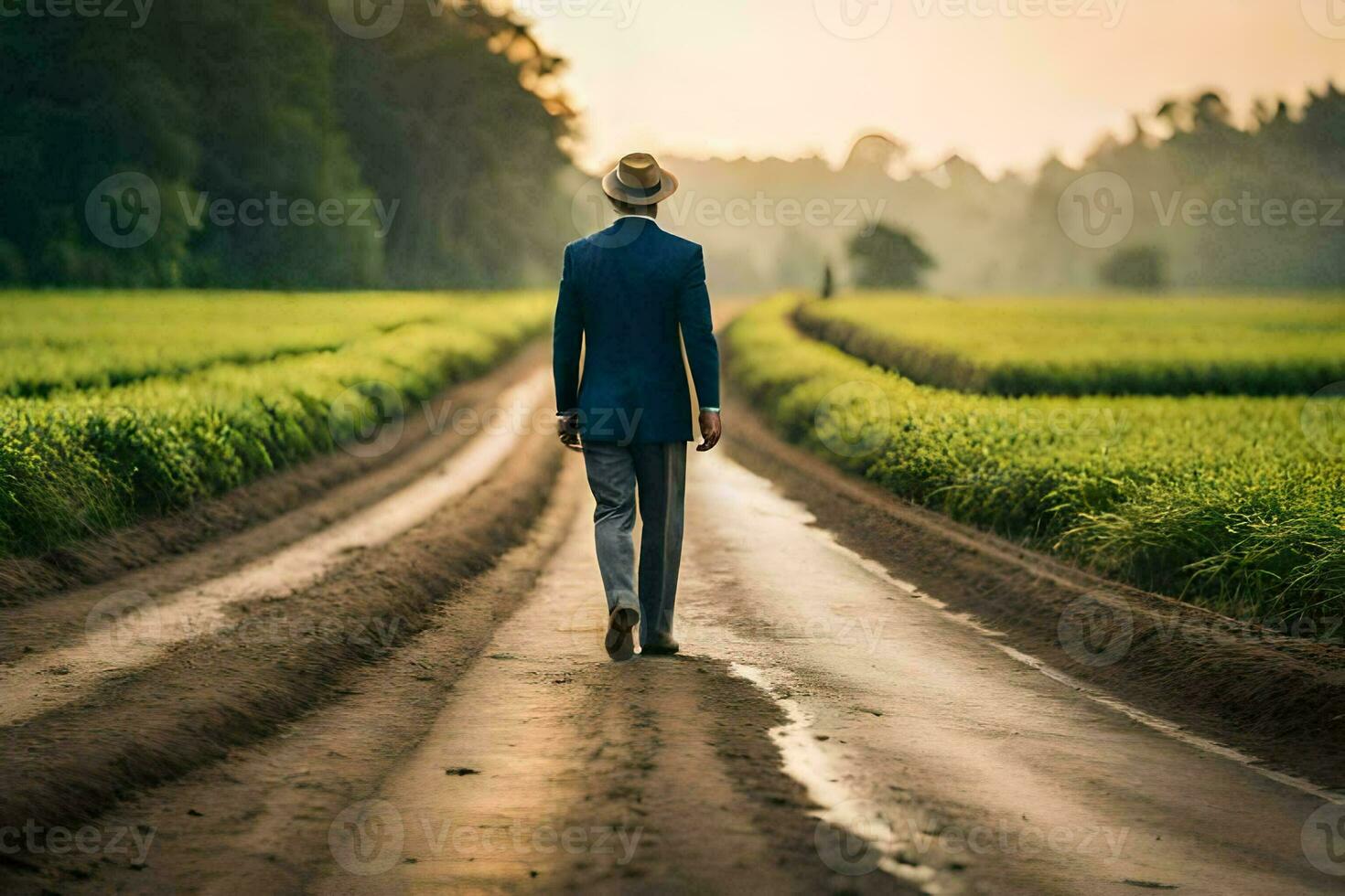 a man in a suit and hat walks down a dirt road. AI-Generated photo